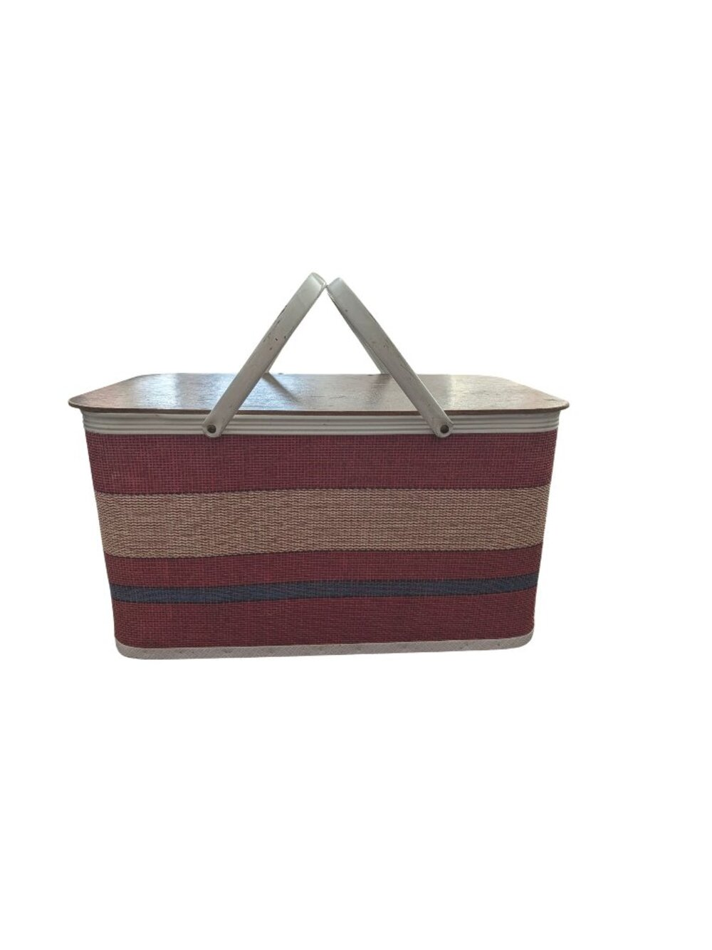 Redmon Vintage Woven Picnic Basket With Wooden Lid & Dual Handles - Red White &